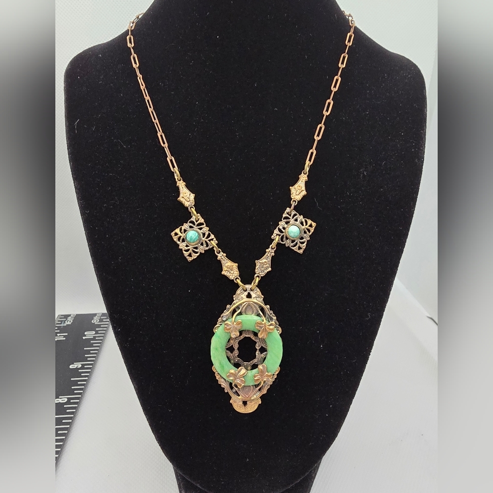 Czech Brass Shamrock Green Glass Necklace 16 Inch Antique 1920s 1930s Lucky - Picture 2 of 12